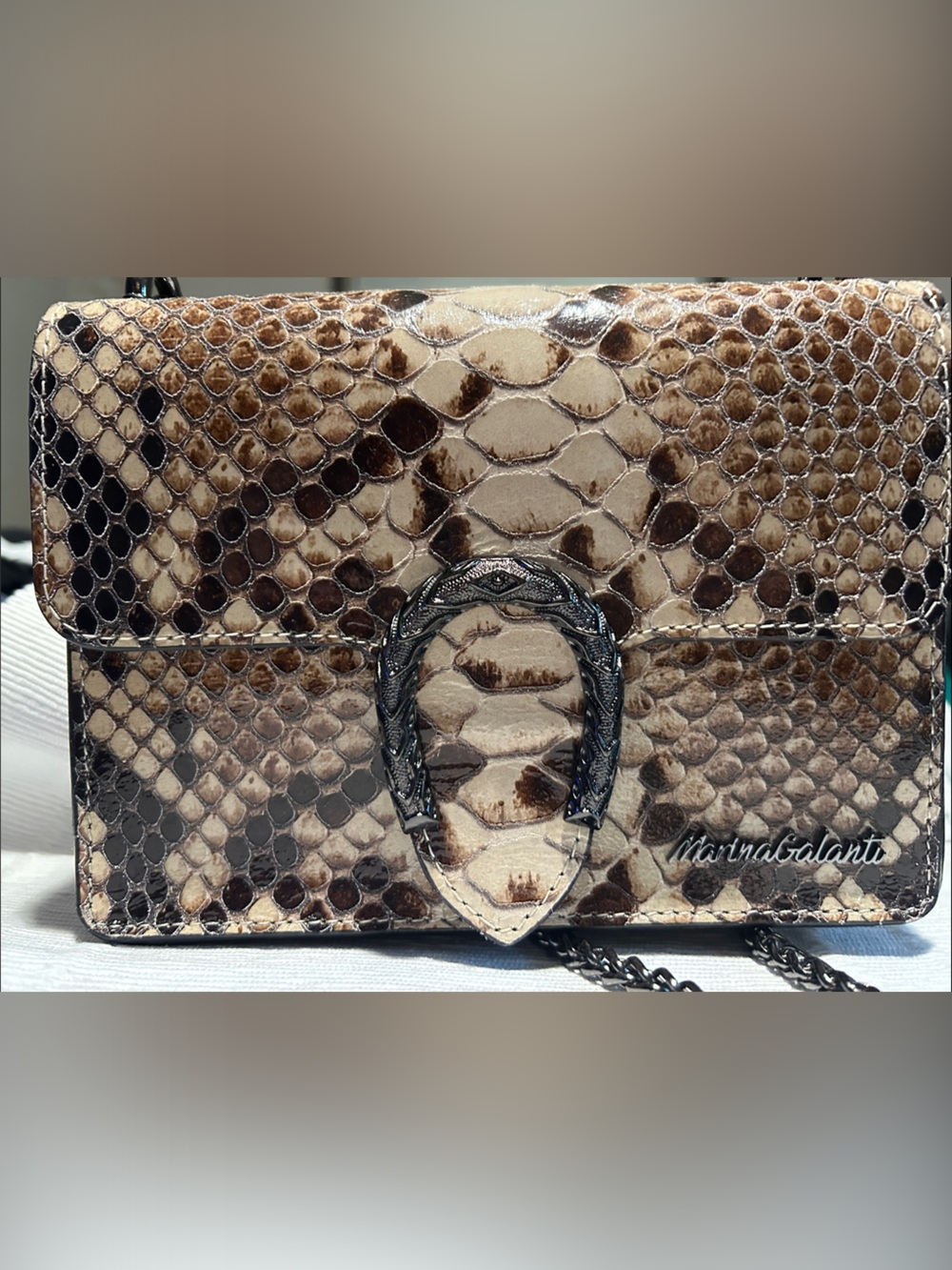 Made in ITALY-Marina Galanti Brown & Cream Snake-Embossed Shoulder Bag